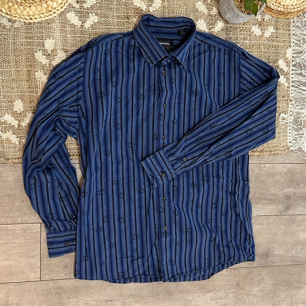 Vintage Cotton Reel Men’s Vibrant Multi Print Button Up Blue Black Striped Med